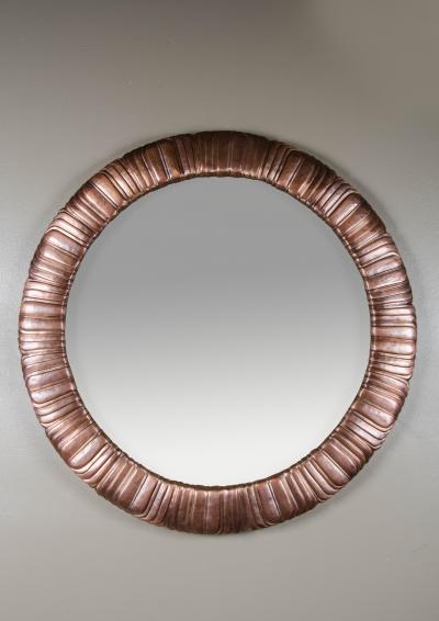Robert Kuo Hand Repouss Antique Copper Feather Design Round Mirror by Robert Kuo