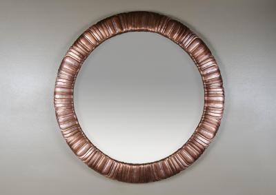 Robert Kuo Hand Repouss Antique Copper Feather Design Round Mirror by Robert Kuo