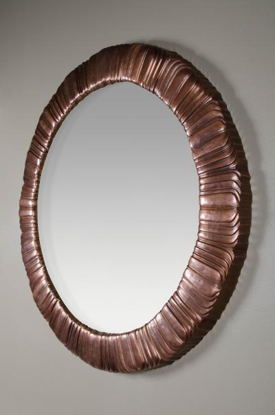 Robert Kuo Hand Repouss Antique Copper Feather Design Round Mirror by Robert Kuo