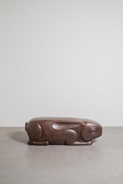 Robert Kuo Hand Repouss Antiqued Copper Rabbit Garden Seat by Robert Kuo