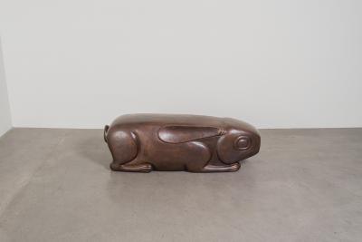 Robert Kuo Hand Repouss Antiqued Copper Rabbit Garden Seat by Robert Kuo