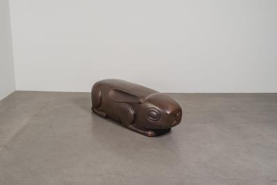 Robert Kuo Hand Repouss Antiqued Copper Rabbit Garden Seat by Robert Kuo