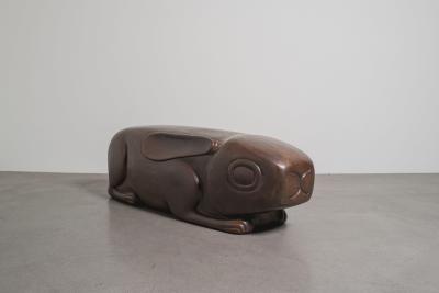 Robert Kuo Hand Repouss Antiqued Copper Rabbit Garden Seat by Robert Kuo