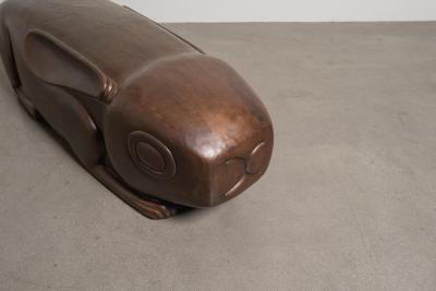 Robert Kuo Hand Repouss Antiqued Copper Rabbit Garden Seat by Robert Kuo