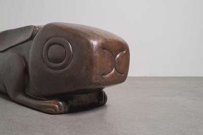 Robert Kuo Hand Repouss Antiqued Copper Rabbit Garden Seat by Robert Kuo