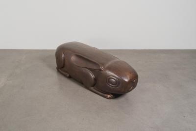 Robert Kuo Hand Repouss Antiqued Copper Rabbit Garden Seat by Robert Kuo