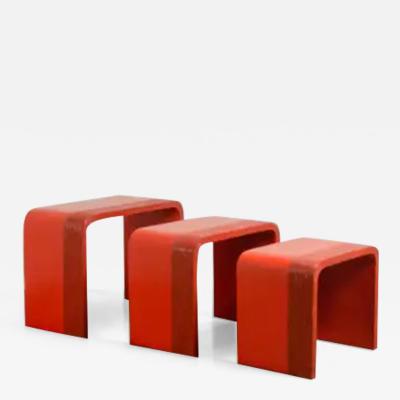 Robert Kuo Nesting Tables w Pleats Design in Red Lacquer Set of 2 by Robert Kuo