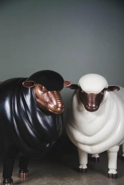 Robert Kuo Repouss Black Lacquer Sheep Sculpture by Robert Kuo Limited Edition