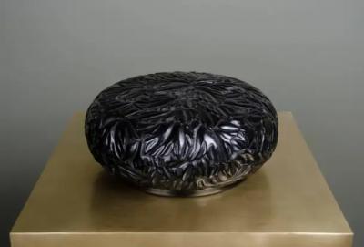 Robert Kuo Round Leaf Design Box Black Lacquer by Robert Kuo Limited Edition in Stock