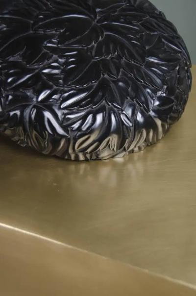 Robert Kuo Round Leaf Design Box Black Lacquer by Robert Kuo Limited Edition in Stock