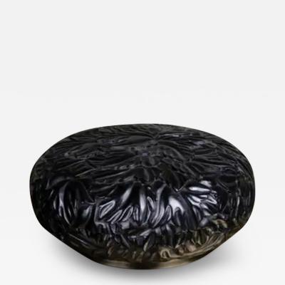 Robert Kuo Round Leaf Design Box Black Lacquer by Robert Kuo Limited Edition in Stock