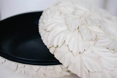 Robert Kuo Round Leaf Design Box Cream Lacquer by Robert Kuo Limited Edition in Stock