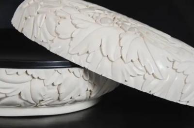 Robert Kuo Round Leaf Design Box Cream Lacquer by Robert Kuo Limited Edition in Stock