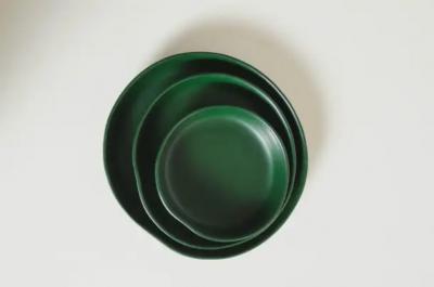 Robert Kuo Round Plates Set of 3 Green Lacquer by Robert Kuo Handmade Limited Edition