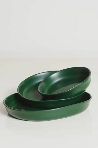Robert Kuo Round Plates Set of 3 Green Lacquer by Robert Kuo Handmade Limited Edition
