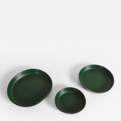 Robert Kuo Round Plates Set of 3 Green Lacquer by Robert Kuo Handmade Limited Edition