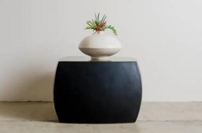 Robert Kuo Rounded Square Stool Black Lacquer by Robert Kuo Hand Repousse Limited