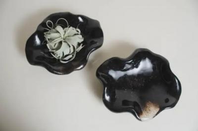 Robert Kuo Shallow Lotus Bowl Small Black Crystal by Robert Kuo Hand Carved