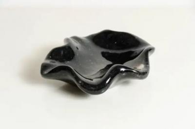 Robert Kuo Shallow Lotus Bowl Small Black Crystal by Robert Kuo Hand Carved