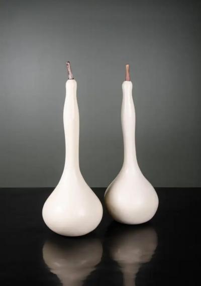 Robert Kuo Standing Gourd Sculpture Cream Lacquer by Robert Kuo Limited Edition