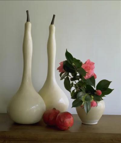 Robert Kuo Standing Gourd Sculpture Cream Lacquer by Robert Kuo Limited Edition