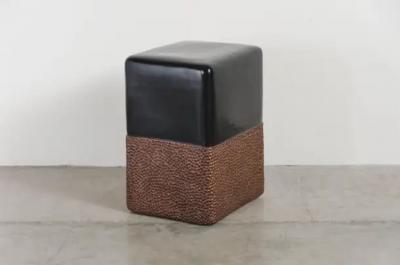 Robert Kuo Toad Skin Block Drumstool Black Lacquer and Antique Copper by Robert Kuo