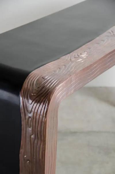 Robert Kuo Woodgrain Design Copper Console with Black Lacquer by Robert Kuo Hand Repousse