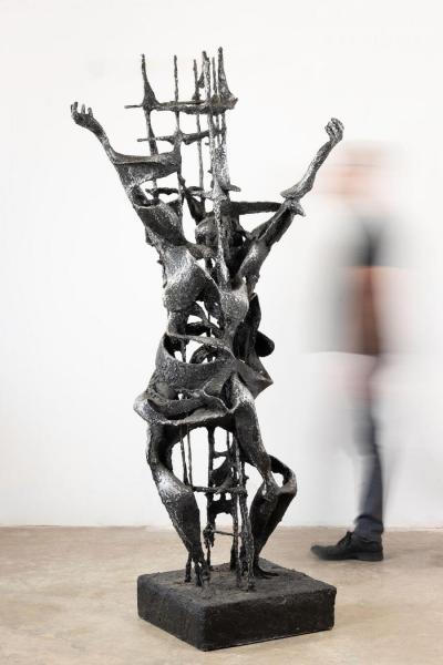 Robert Schwartz Bert Schwartz Brutalist Sculpture Prometheus and Pandora in Aluminum Steel