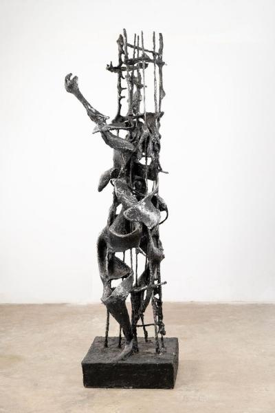 Robert Schwartz Bert Schwartz Brutalist Sculpture Prometheus and Pandora in Aluminum Steel