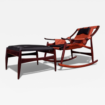 Rocking Chair with Ottoman in Rosewood Leather Liceu de Artes 1960s