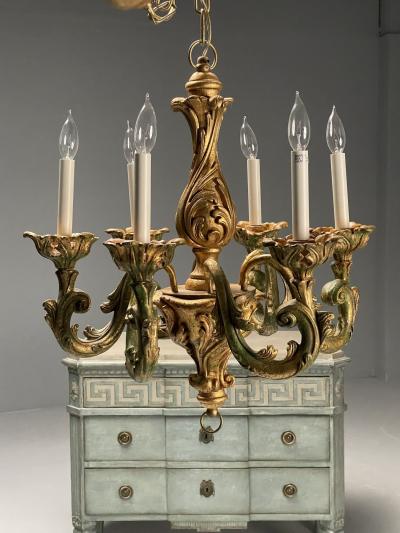Rococo Baroque Italian Six Light Chandelier Parcel Paint Gilt Italy 1970s