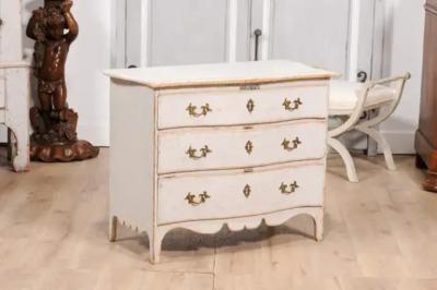 Rococo Period 1770s Swedish Gray Cream Painted and Carved Three Drawer Commode