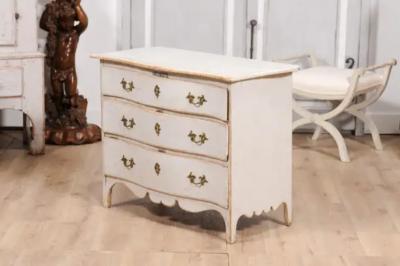 Rococo Period 1770s Swedish Gray Cream Painted and Carved Three Drawer Commode