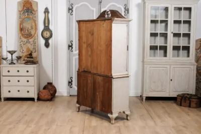 Rococo Style 1850s Swedish Light Grey Painted Bonnet Top Vitrine Cabinet