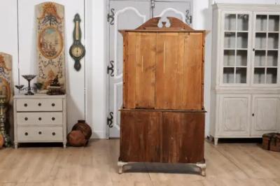 Rococo Style 1850s Swedish Light Grey Painted Bonnet Top Vitrine Cabinet