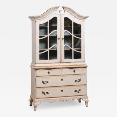 Rococo Style 1850s Swedish Light Grey Painted Bonnet Top Vitrine Cabinet