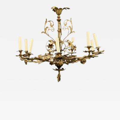 Rococo Style Leaf and Vine Chandelier Dore Bronze Italy 1920s