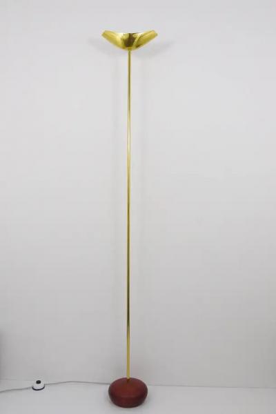 Rodolfo Dordoni Postmodern Brass Wood Uplight Floor Lamp Italy 1980s