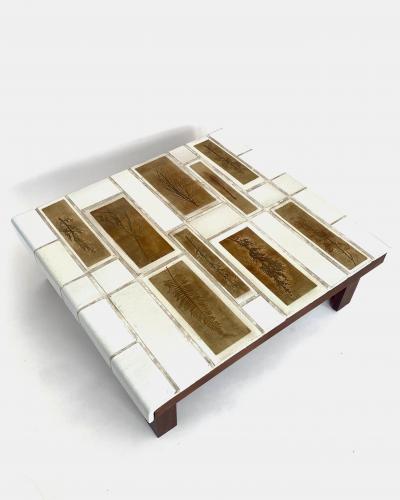Roger Capron Roger Capron Coffee Table Square White Tiles with Tiles Herbier Wood Base