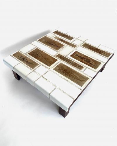 Roger Capron Roger Capron Coffee Table Square White Tiles with Tiles Herbier Wood Base