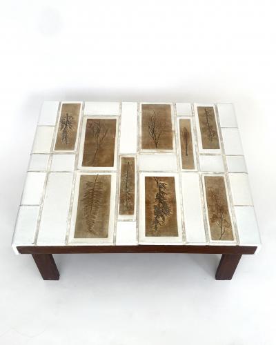 Roger Capron Roger Capron Coffee Table Square White Tiles with Tiles Herbier Wood Base
