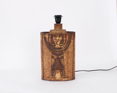 Roger Capron Roger Capron French Ceramic Table Lamp Ochre Incised Figure Decoration Vallauris