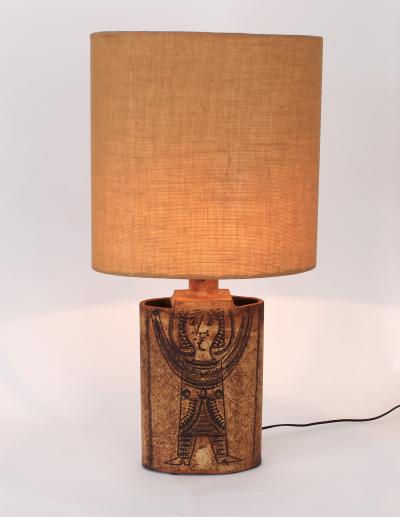 Roger Capron Roger Capron French Ceramic Table Lamp Ochre Incised Figure Decoration Vallauris