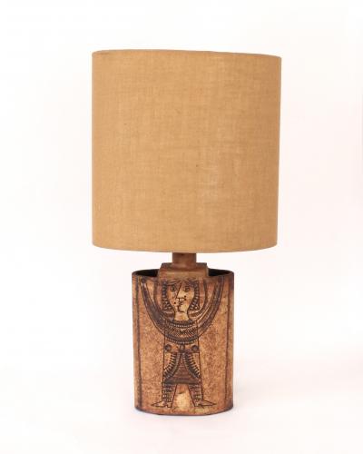 Roger Capron Roger Capron French Ceramic Table Lamp Ochre Incised Figure Decoration Vallauris