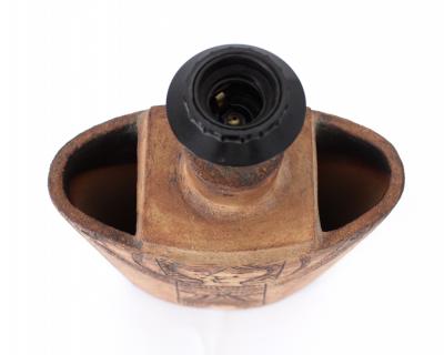 Roger Capron Roger Capron French Ceramic Table Lamp Ochre Incised Figure Decoration Vallauris
