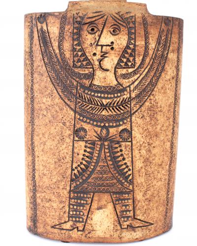 Roger Capron Roger Capron French Ceramic Table Lamp Ochre Incised Figure Decoration Vallauris