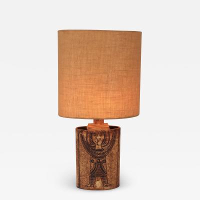 Roger Capron Roger Capron French Ceramic Table Lamp Ochre Incised Figure Decoration Vallauris