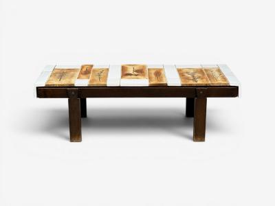 Roger Capron Roger Capron Low Coffee Table Tile Stained Wood France 1970s