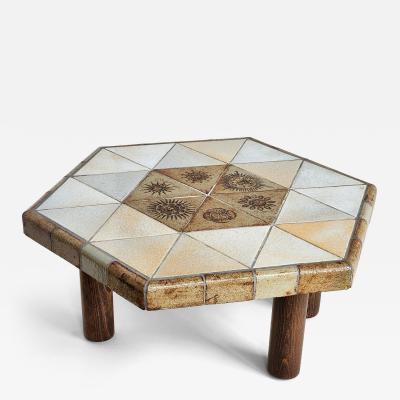 Roger Capron Vintage Hexagonal Coffee Table with Ceramic Tiles on Wood Legs by Roger Capron