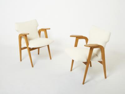 Roger Landault Roger Landault French oak compass armchairs wool boucl 1950s